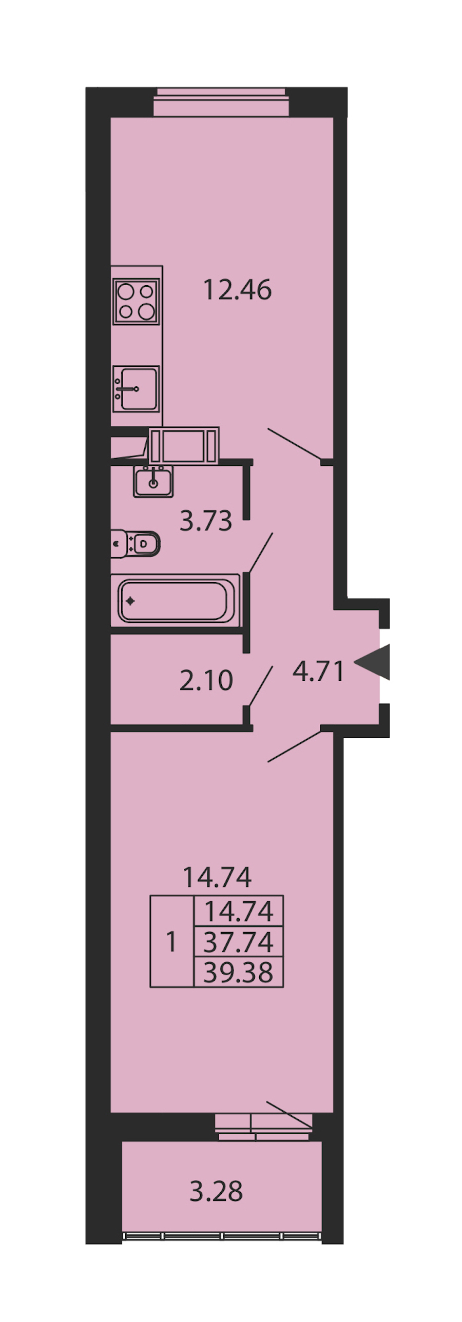 1-комнатная квартира 37.74 м², 2/12 эт., ЖК «Полис ЛАВрики»